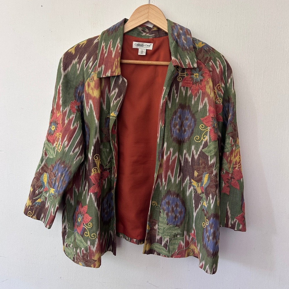 Coldwater Creek Blazer Womens L Green Ikat Floral Embroidered Linen Boho Jacket